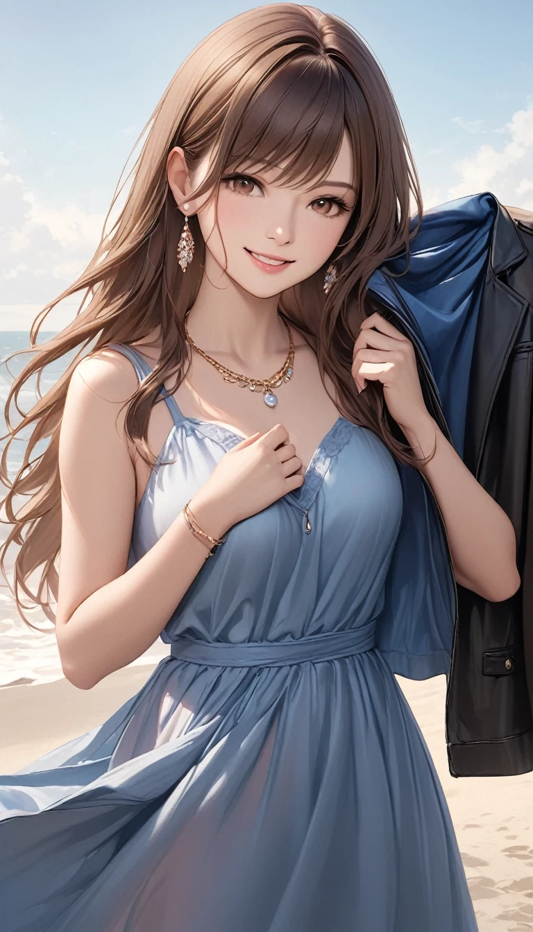 a woman in a dress is posing while she is holding a jacket, 1girl, realistic, brown hair, solo, jewelry, necklace, smile, long hair