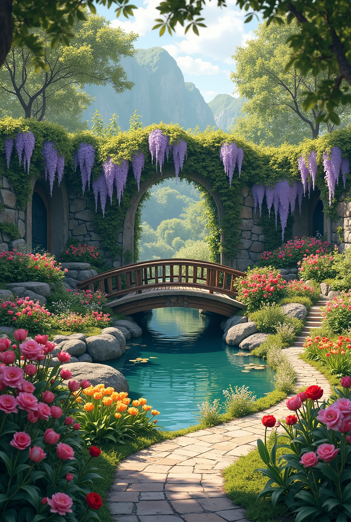 beautiful garden with flowers and a bridge