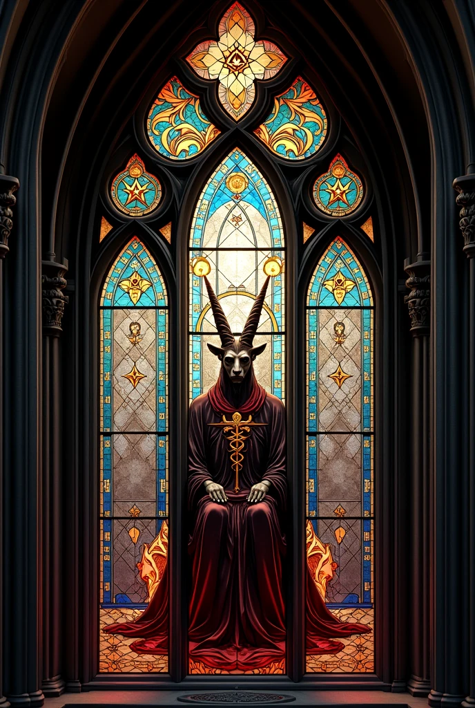 Draw Baphomet as if he were a cathedral window, respecting all of his shape and sitting down.