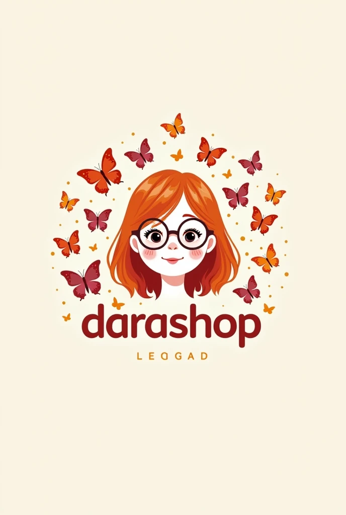 logo in 2d, with butterflies , of a white girl with copper hair, glasses and that says DaraShop.