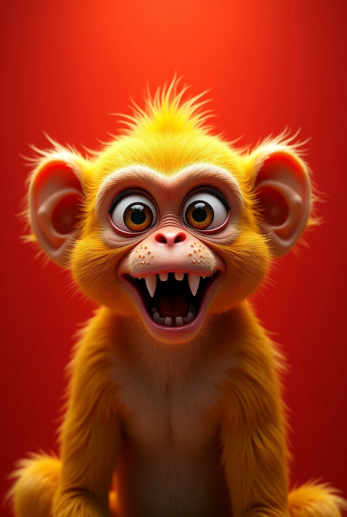 Model a yellow nft monkey with wide eye with sharp tooth wallpaper behind red