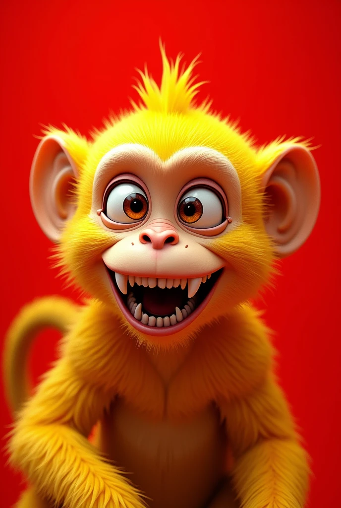 Model a yellow nft monkey with wide eye with sharp tooth wallpaper behind red