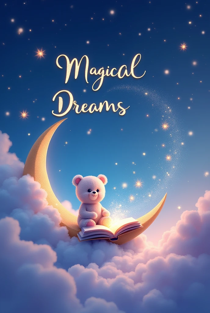 Imagine a magical scene in pastel tones, with a background of starry sky and soft clouds. At the center, a crescent moon shines softly, with little points of light around it that look like stars. Sitting on the edge of the moon, there is a lovely character , like a teddy bear or a little fairy, holding an open book from which bright sparks come out, representing enchanted stories. ao redor, little butterflies or fairies fly gently, adding a touch of magic and fantasy. the name of the channel, "Magical Dreams", is written in a delicate cursive font, com um leve brilho, as if the letters were made of stardust.

This image will be captivating and inviting., perfect to represent the channel "Magical Dreams".