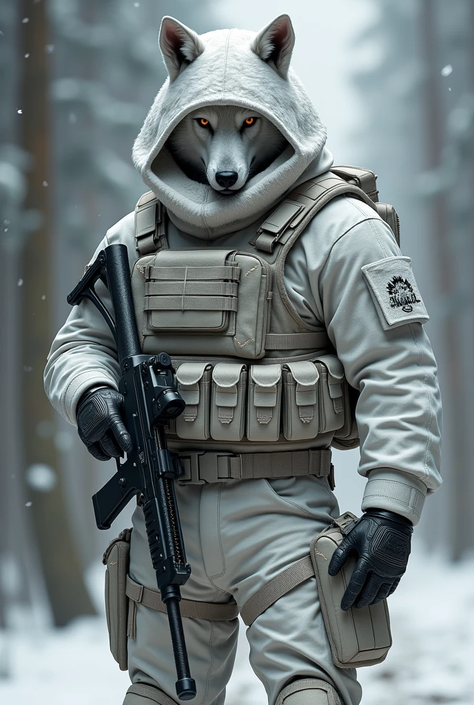 I would like a special forces tactical police officer.
With Uniform , white camouflage .
But with a wolf face.
With an mp5 submachine gun,
tactic vest.
tactical ballistic helmet