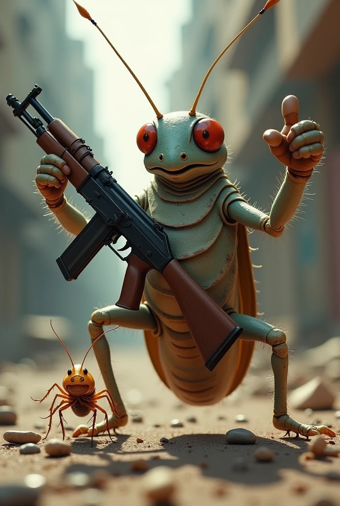 A cricket with an AK 47 in his left hand and a thumbs up in his right hand