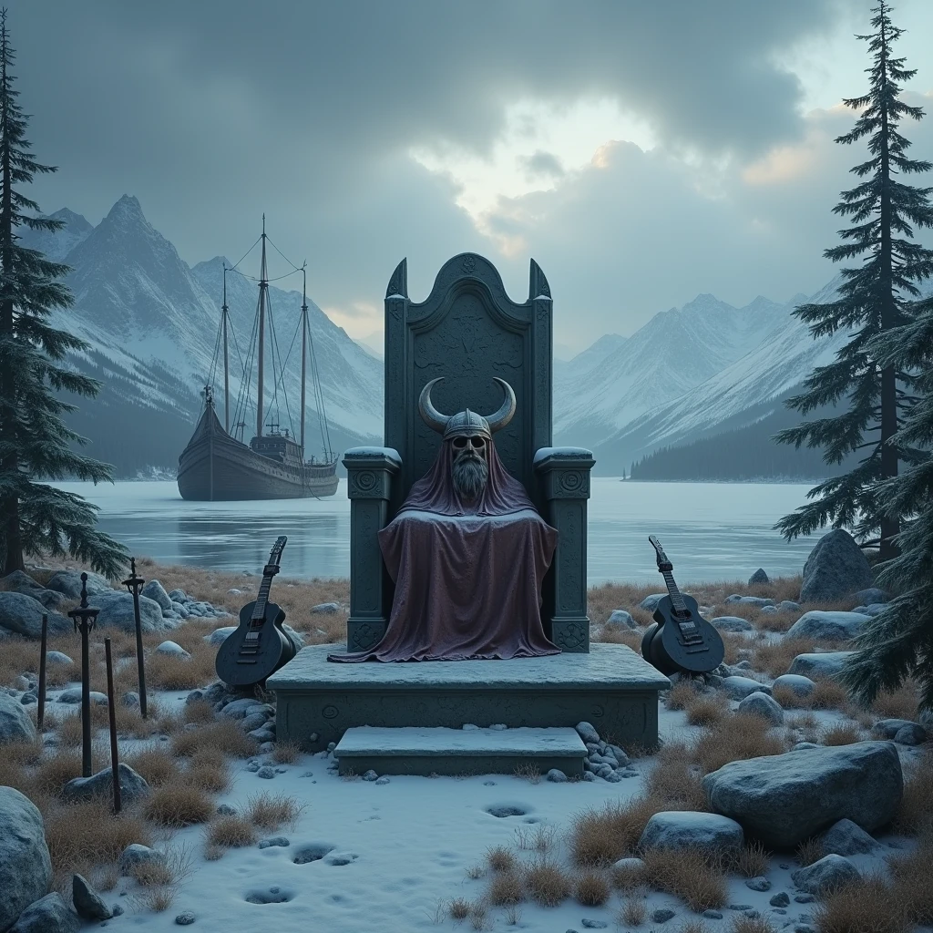 A desolate and snowy Nordic landscape, with rugged mountains and ice-covered pine forests. In the middle, a stone altar covered in ancient runes and pagan symbols, surrounded by musical instruments such as electric guitars and drums. A Viking helmet rests on a stone throne, surrounded by rusty weapons and armor. A drakkar (Viking ship) is stranded on the coast, with her sails torn and her keel splintered. The sky is covered with dark and stormy clouds, and an aura of mystery and power hangs over the landscape. The scene evokes the feeling of strength, nature and Nordic mythology that characterizes the Viking metal genre The focus of attention and center of the image, It is the throne with the instruments and the Viking helmet has horns but no faces or anything