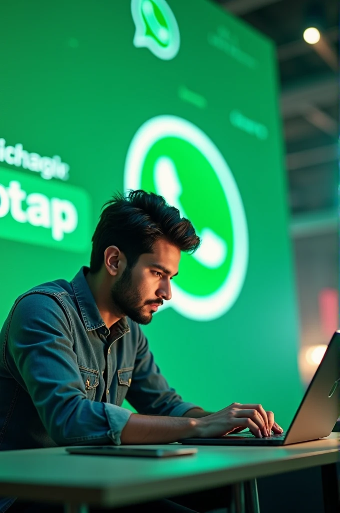 Hello! I would like to create an image similar to the one attached, where a person is working on a laptop. However, instead of the Whatsapp theme, I want the background and elements to be WhatsApp-themed. The person should look focused on their work, with the WhatsApp logo and interface visible on the laptop screen and in the background. The style should be colorful, modern, and tech-savvy,  showing name 'Sudais Ahmed'