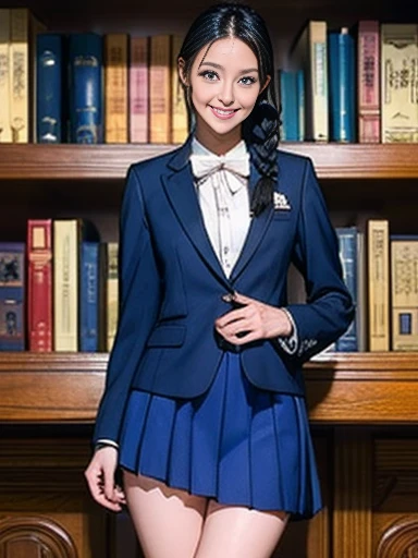 1 girl、A beautiful black-haired girl with braids is looking at me..、Laugh a little、Cute like an idol、Baby Face、Raise your skirt yourself、Panty shot、thin and long、small, Good-shaped breasts、Healthy Thighs、Navy Blue Blazer、white高领内衣、Navy blue mini skirt、white、at the library、Knee-length、Cowboy Shooting、Anatomically correct、Accurate Fingers、Precise Limbuster Tablets、Depict a face accurately、Live-action photography、

