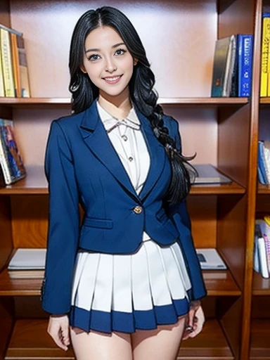 1 girl、A beautiful black-haired girl with braids is looking at me..、Laugh a little、Cute like an idol、Baby Face、Raise your skirt yourself、Panty shot、thin and long、small, Good-shaped breasts、Healthy Thighs、Navy Blue Blazer、white高领内衣、Navy blue mini skirt、white、at the library、Knee-length、Cowboy Shooting、Anatomically correct、Accurate Fingers、Precise Limbuster Tablets、Depict a face accurately、Live-action photography、

