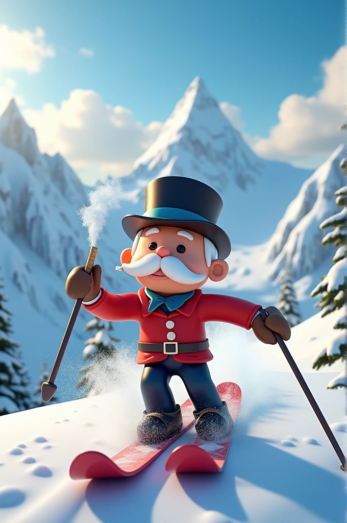 monsieur monoply qui descend une montagne en ski avec un joint a la bouche avec derriere lui une avalanche qui tombe de la montagne avec ecrit dessus COCO POLY en 3d en cartoon
