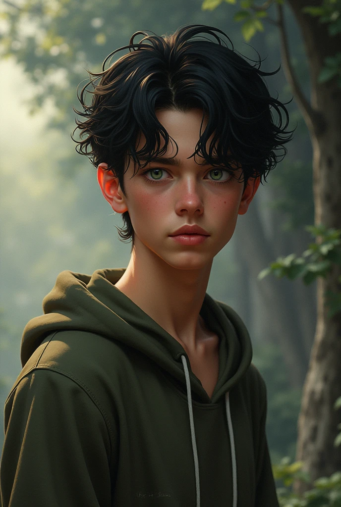 RAISING A BOY, BROAD-CHESSED TEENAGER, GREEN EYES AND JET BLACK HAIR falling over the forehead 