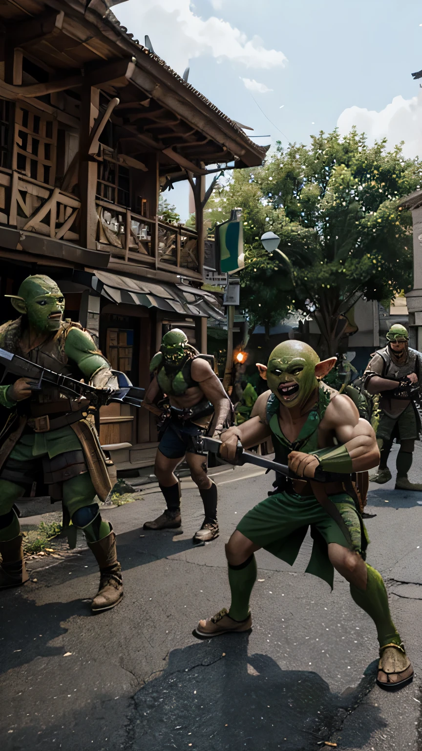 showed a group of heroic green goblins holding weapons in their hands and attacking the town as people panicked.