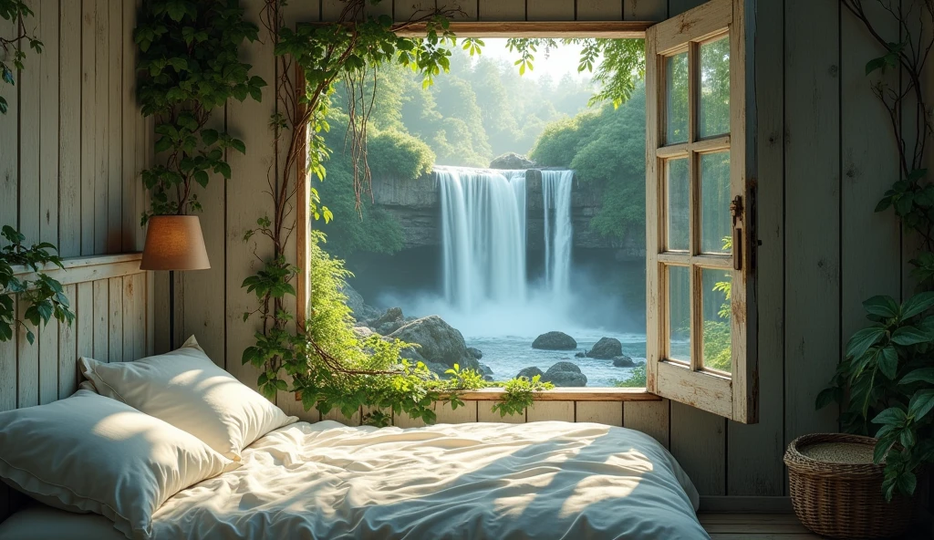 Cute shabby white bedroom in the forest。A fantastic and mysterious view of the waterfall。bed。unmanned。