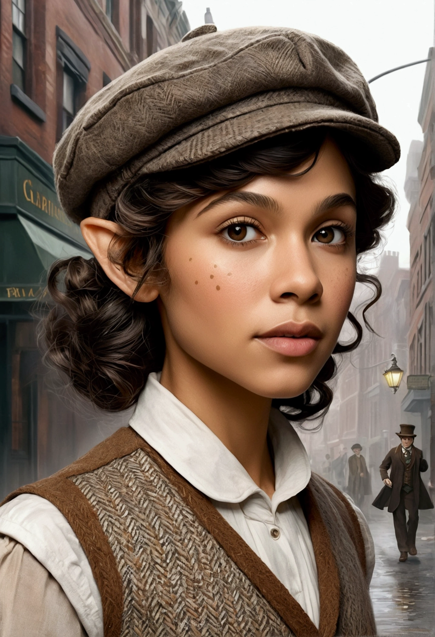 An illustrated movie poster, hand-drawn, full color, an elven maiden, wearing a tweed vest and a newsie cap, athletic hourglass figure, long pointy elf ears, dark hair, curly bob cut, warm almond skintone, freckles, resembles Zendaya, standing on a foggy victorian-era street corner, graphite shading, stencil marks, airbrushed acrylic paint, masterpiece, in the style of the Sherlock Holmes, elf ears