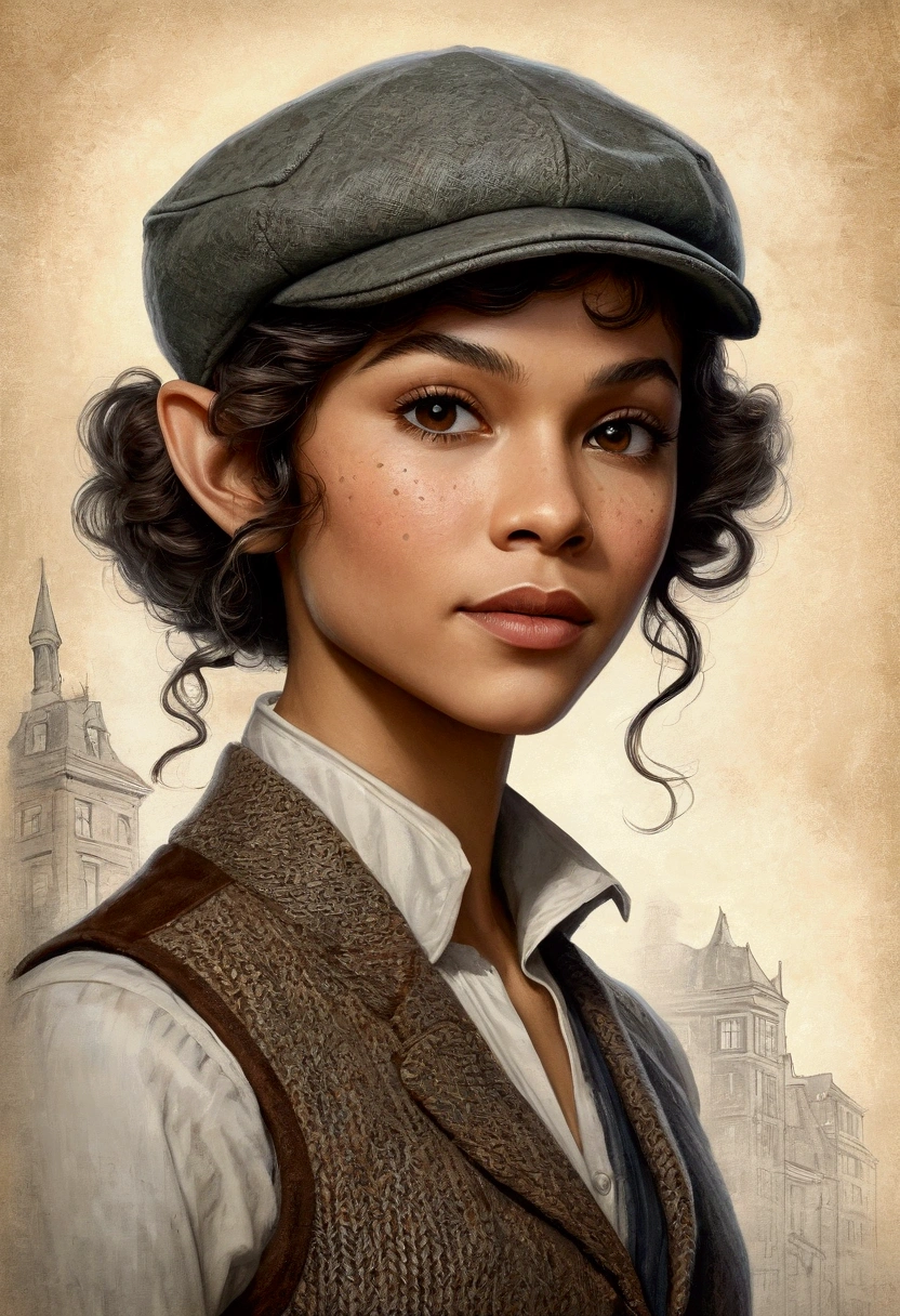 An illustrated movie poster, hand-drawn, full color, an elven maiden, wearing a tweed vest and a newsie cap, athletic hourglass figure, long pointy elf ears, dark hair, curly bob cut, warm almond skintone, freckles, resembles Zendaya, standing on a foggy victorian-era street corner, graphite shading, stencil marks, airbrushed acrylic paint, masterpiece, in the style of the Sherlock Holmes, elf ears