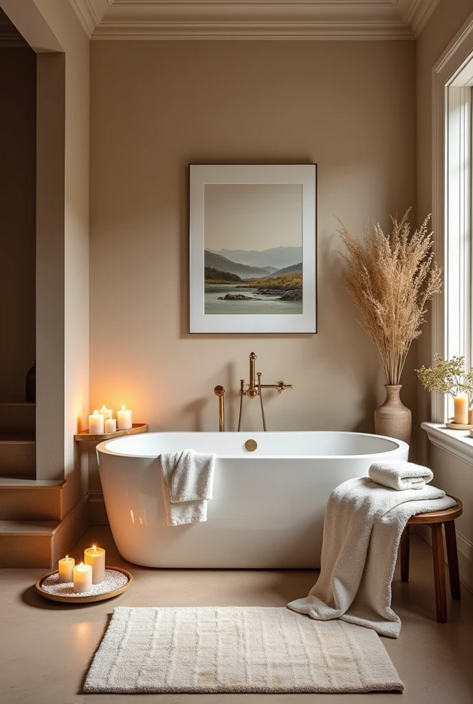 Design a bathroom with personalized touches that transform it into a spa-like retreat. Include elements such as scented candles, bath salts, essential oils, plush rugs, and soft towels. Add personal items like photos or artwork that resonate with the homeowner. The space should feel luxurious, cozy, and tailored to individual tastes