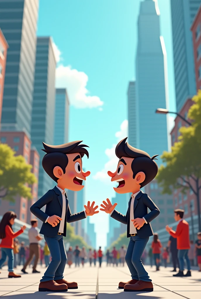 a modern city, where two people are arguing passionately in a public square. With a simple animated style
