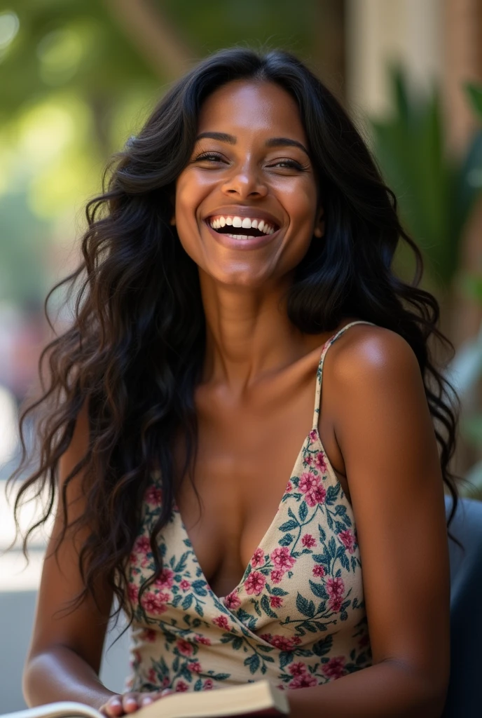 Black woman. Brown skin. Long flowing black hair. Flower styled dress. Sitting and laughing. Coming back from a lecture hall. Book in hand. Ultra high quality