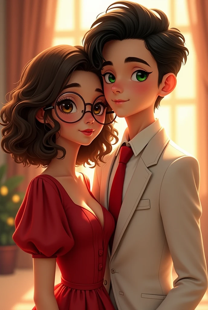 um casal, she has brown curly hair and dark brown eyes, and wears glasses she wears a red dress with puffed sleeves and he wears a white suit with a red tie, he has very sparkling green eyes and he has black hair. they're young.