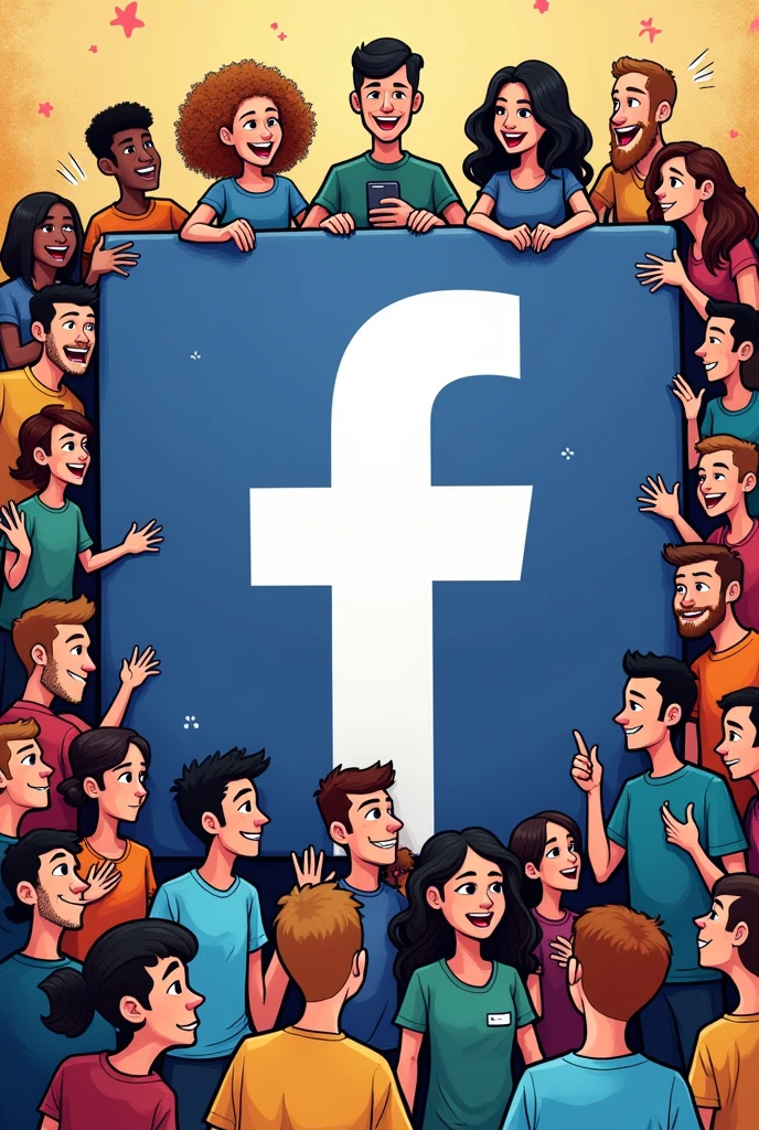 Cartoon analysis many person using facebook logo