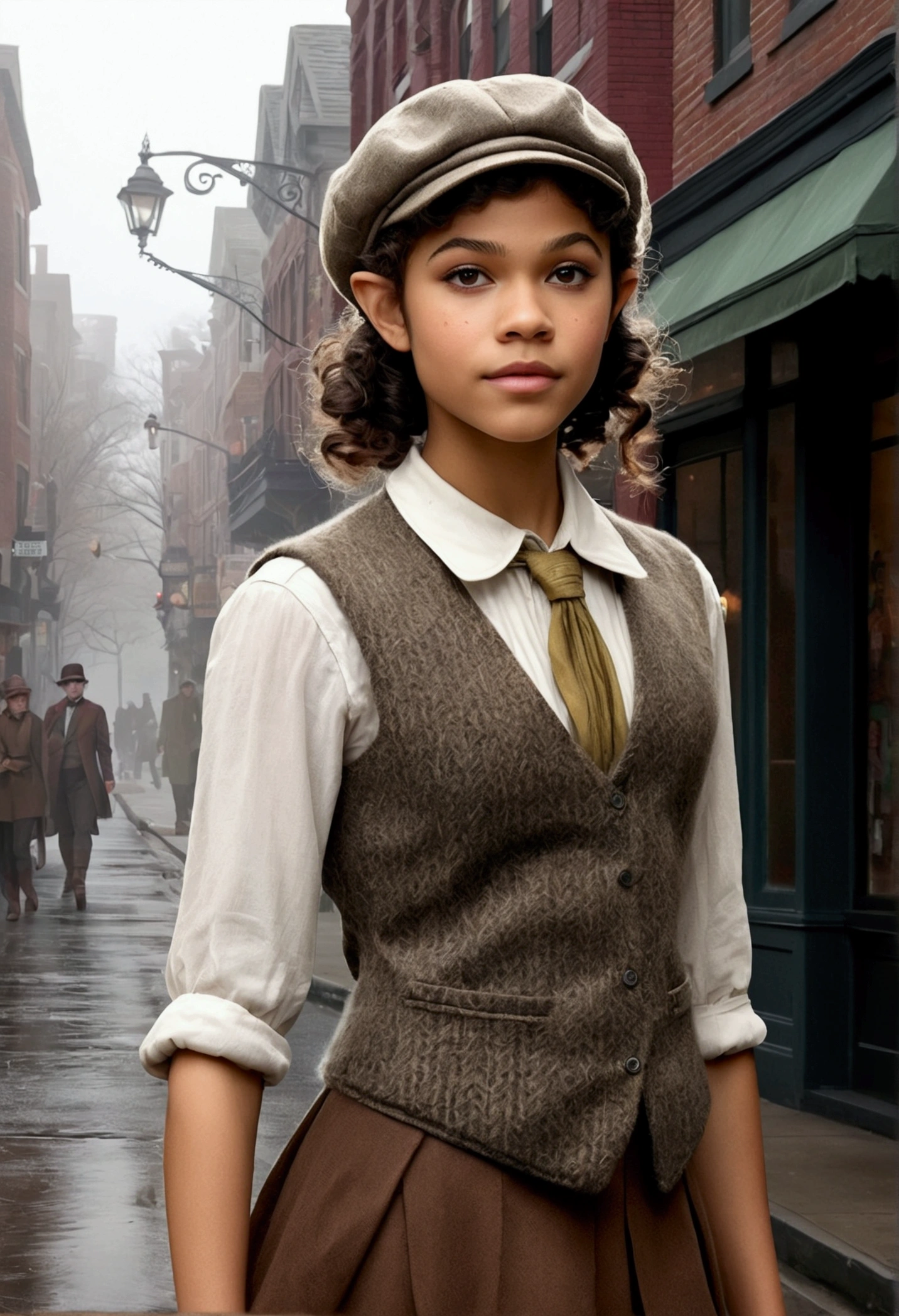 An illustrated movie poster, hand-drawn, full color, a age elven girl, wearing a tweed vest and a newsie cap, athletic hourglass figure, long pointy elf ears, dark hair, curly bob cut, warm almond skintone, freckles, resembles Zendaya, standing on a foggy victorian-era street corner, graphite shading, stencil marks, airbrushed acrylic paint, masterpiece, elf ears