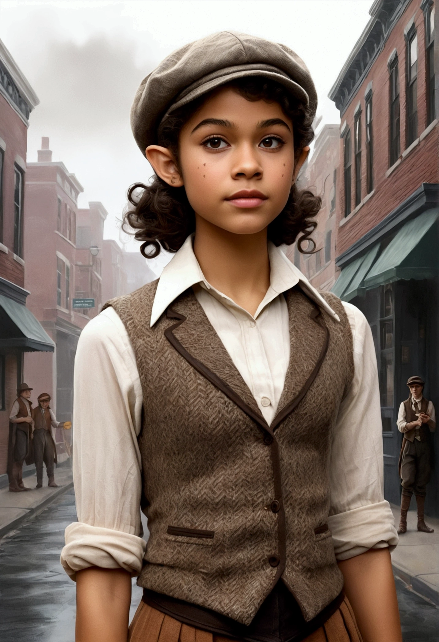 An illustrated movie poster, hand-drawn, full color, a age elven girl, wearing a tweed vest and a newsie cap, athletic hourglass figure, long pointy elf ears, dark hair, curly bob cut, warm almond skintone, freckles, resembles Zendaya, standing on a foggy victorian-era street corner, graphite shading, stencil marks, airbrushed acrylic paint, masterpiece, elf ears