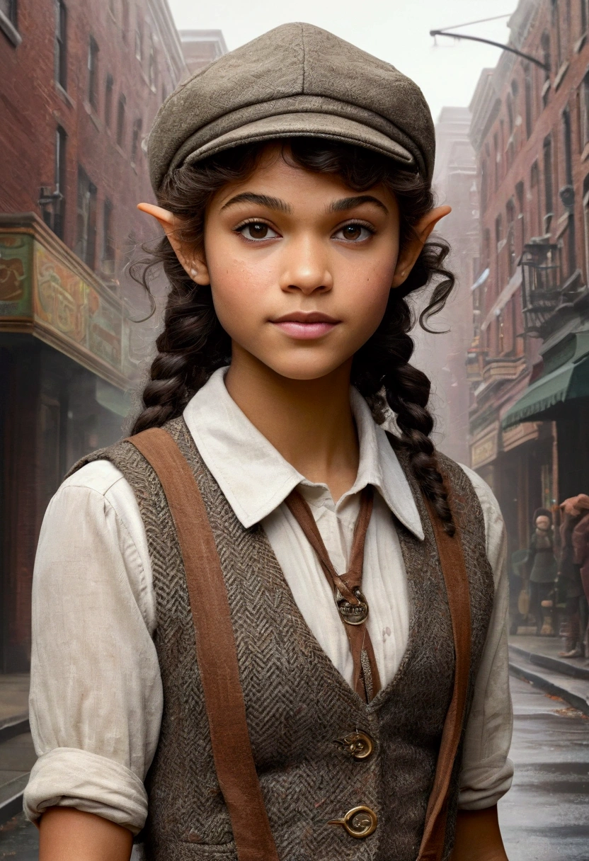 An illustrated movie poster, hand-drawn, full color, a teenage elven girl, wearing a tweed vest and a newsie cap, athletic hourglass figure, long pointy elf ears, dark hair, curly bob cut, warm almond skintone, freckles, resembles Zendaya, standing on a foggy victorian-era street corner, graphite shading, stencil marks, airbrushed acrylic paint, masterpiece, elf ears