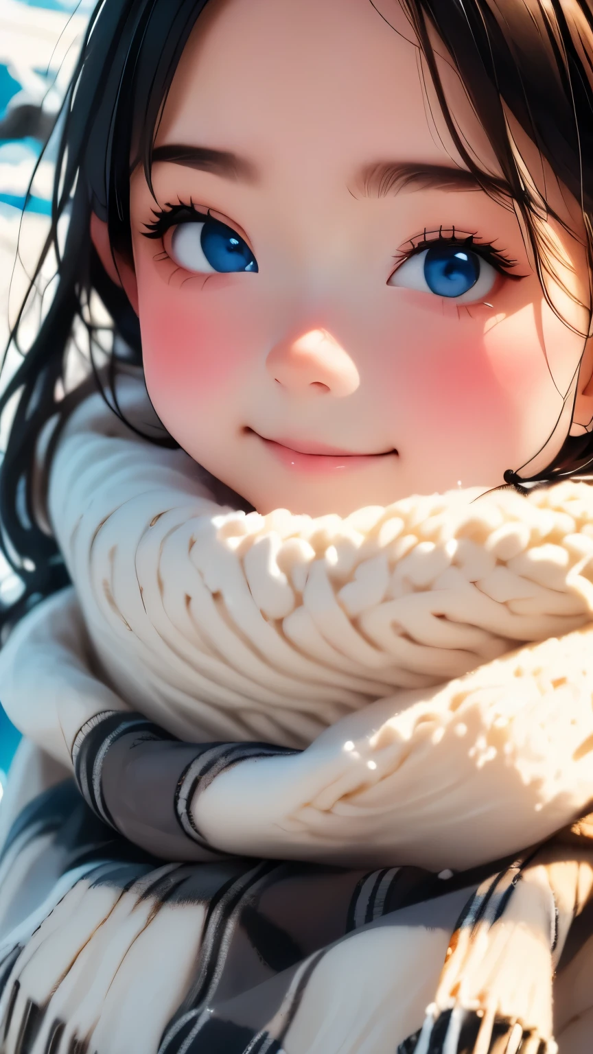 (Highest quality: 1.5), (masterpiece: 1.2), (Realistic: 1), 4K, (RAW Photos: 1.1), 1 person, , 20-year-old, Looking at the audience, Black Hair, Icelandic, snow, ice, cold, Eskimo, Portraiture, winter, gloves, scarf, close your eyes, smile, cute, Upper Body, snow piled up, Wide Shot,