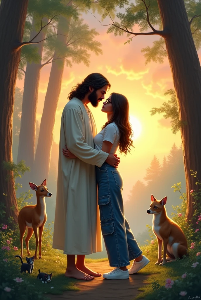 A scene with trees, a sunset, with a deer, cats and a puppy, Also Jesus embracing a young woman showing her the way and with his back turned, The young woman is wearing a short white shirt and wide blue cargo pants., a pair of white sneakers, She has long wavy black hair and glasses 