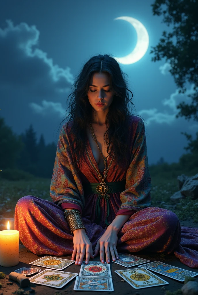 Gipsy with straight hair in moon light playing tarot