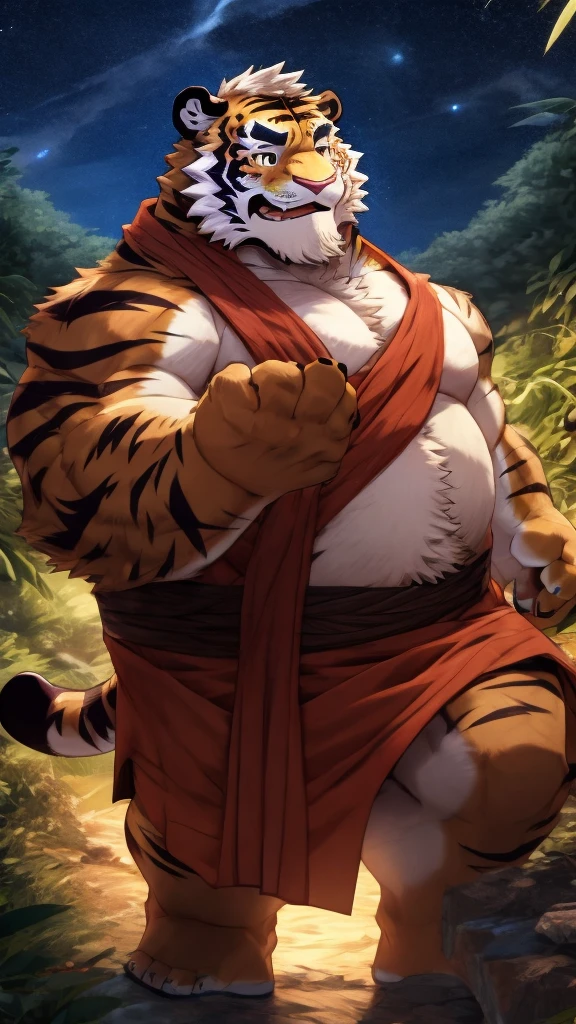 anime style, aid210, nj5furry, ((whole body)), ((monk)), standing, kick, ((plump middle-aged tiger man)), BREAK ((brown eyes)), one eye closed, beautiful beard, beautiful ears, (male face:1.3), (big face:0.5), square jawline, (Male Eyes:1.2), (sharp eyes:0.8), (big eyes:0.5), male eyebrows, (innocent look:0.5), (beautiful black nails down to the last detail:1.2), BREAK (complete Anatomy), (detailed face:1.3), beautiful face, (detailed body), (beautiful hands:1.2), (detailed fingers:1.2), (detailed eyes:1.1), (beautiful Eyes:1.1), arm details, Leg Details, beautiful feet, BREAK Muscular anthlo, body hair, ((hairy skin)), fluffy, (detailed brown nipples:0.8), (blood vessel:-0.8), (glowing Skin:-0.7), (chest hair:0.5), (1 tail), (a beautiful and detailed small tail), BREAK night sky, bamboo forest, outdoor,  ultra detailed, highest quality, ultra-high resolution, realistic, 16K, masterpiece, beautiful detailed, perfect solution, absurdists, (faint light),