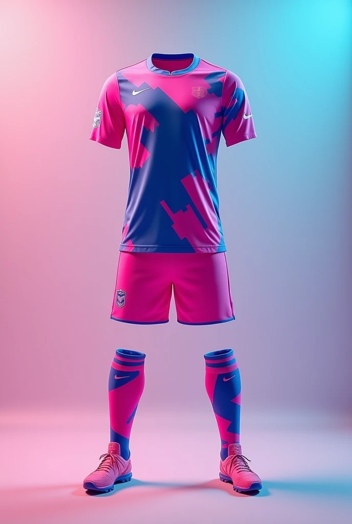 Generate a soccer kit that has pink and blue colors,I leave the details and designs to your liking,this time without the person,only the equipment