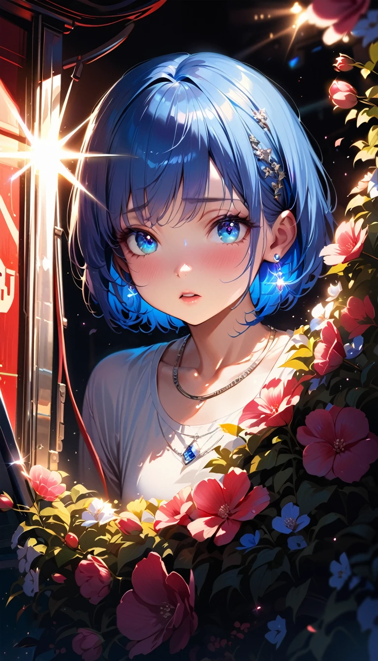 masterpiece, Highest quality, (((Cable car ride)))、Raising awareness, Sax Blue, プラチナEarrings, Platinum Necklace, White Dress, One Girl, cute, (Dynamic Lighting:1.2), Cinema Lighting, Delicate facial features, Detailed eyes, Sharp pupils, Realistic student, Written boundary depth, ボケ Written boundary depth, Sharp focus, (Very detailed, bloom, Shine:1.4), Lots of little gems, (((short_hair))),　Toru Asakura、黒hairs、Earrings、gradation hair、multi color hair、分けた前hair、blue hair、Upper Body、Ultra close-up footage、