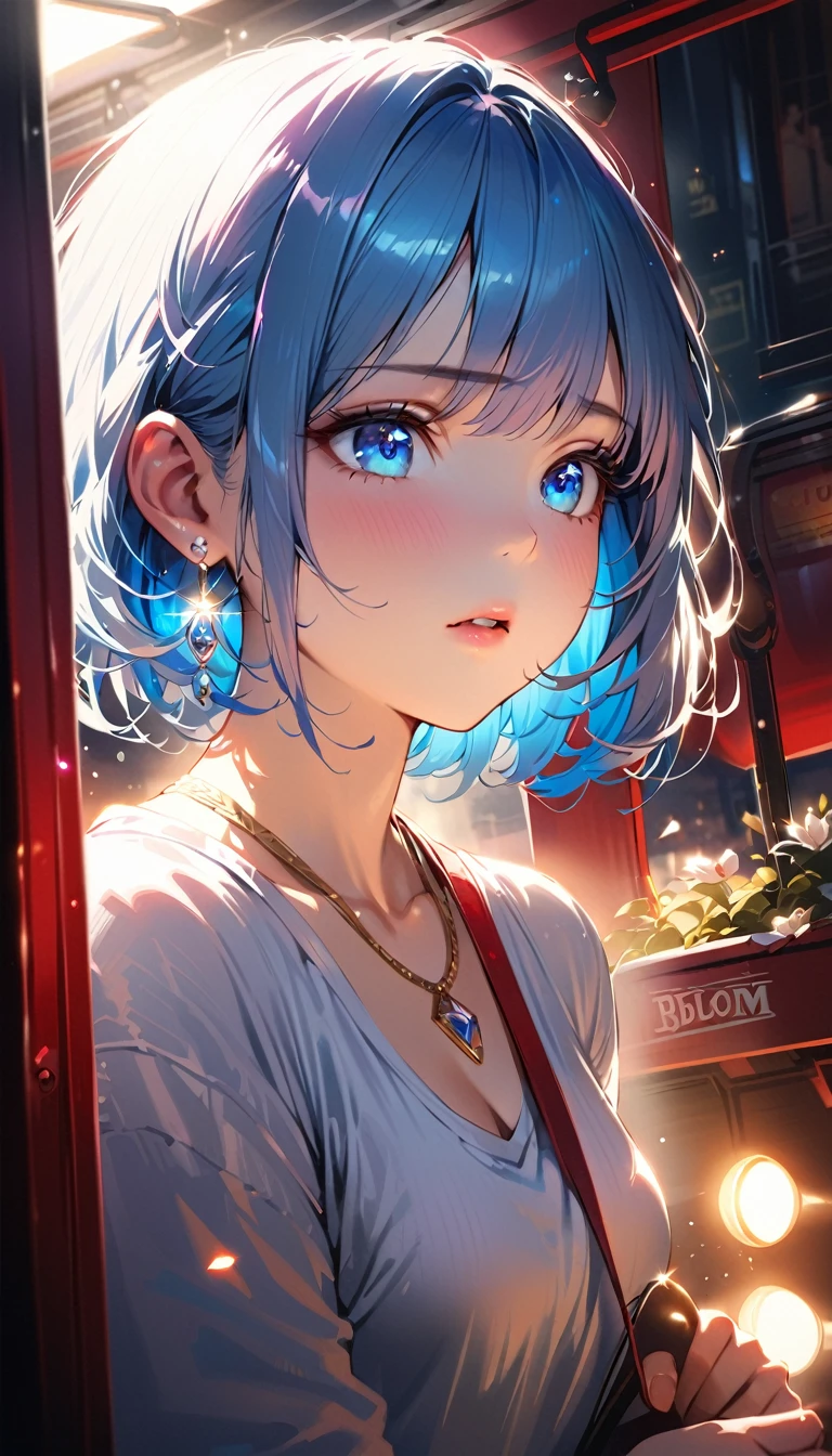 masterpiece, Highest quality, (((Cable car ride)))、Raising awareness, Sax Blue, プラチナEarrings, Platinum Necklace, White Dress, One Girl, cute, (Dynamic Lighting:1.2), Cinema Lighting, Delicate facial features, Detailed eyes, Sharp pupils, Realistic student, Written boundary depth, ボケ Written boundary depth, Sharp focus, (Very detailed, bloom, Shine:1.4), Lots of little gems, (((short_hair))),　Toru Asakura、黒hairs、Earrings、gradation hair、multi color hair、分けた前hair、blue hair、Upper Body、Ultra close-up footage、