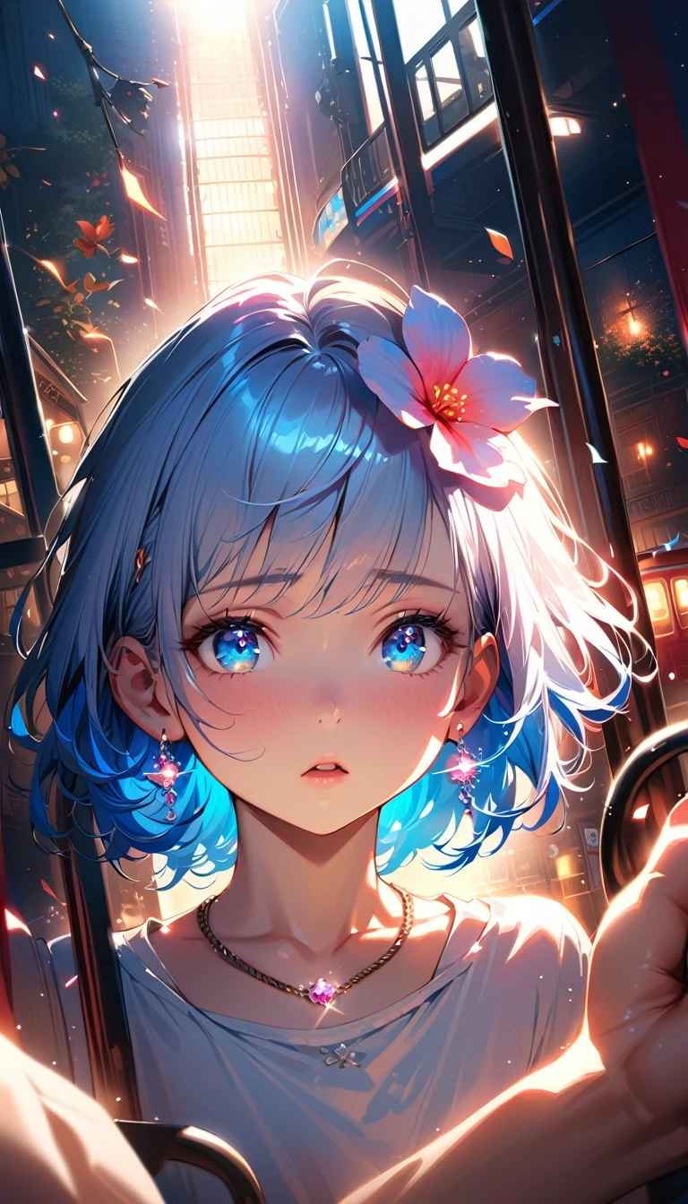 masterpiece, Highest quality, (((Cable car ride)))、Raising awareness, Sax Blue, プラチナEarrings, Platinum Necklace, White Dress, One Girl, cute, (Dynamic Lighting:1.2), Cinema Lighting, Delicate facial features, Detailed eyes, Sharp pupils, Realistic student, Written boundary depth, ボケ Written boundary depth, Sharp focus, (Very detailed, bloom, Shine:1.4), Lots of little gems, (((short_hair))),　Toru Asakura、黒hairs、Earrings、gradation hair、multi color hair、分けた前hair、blue hair、Upper Body、Ultra close-up footage、