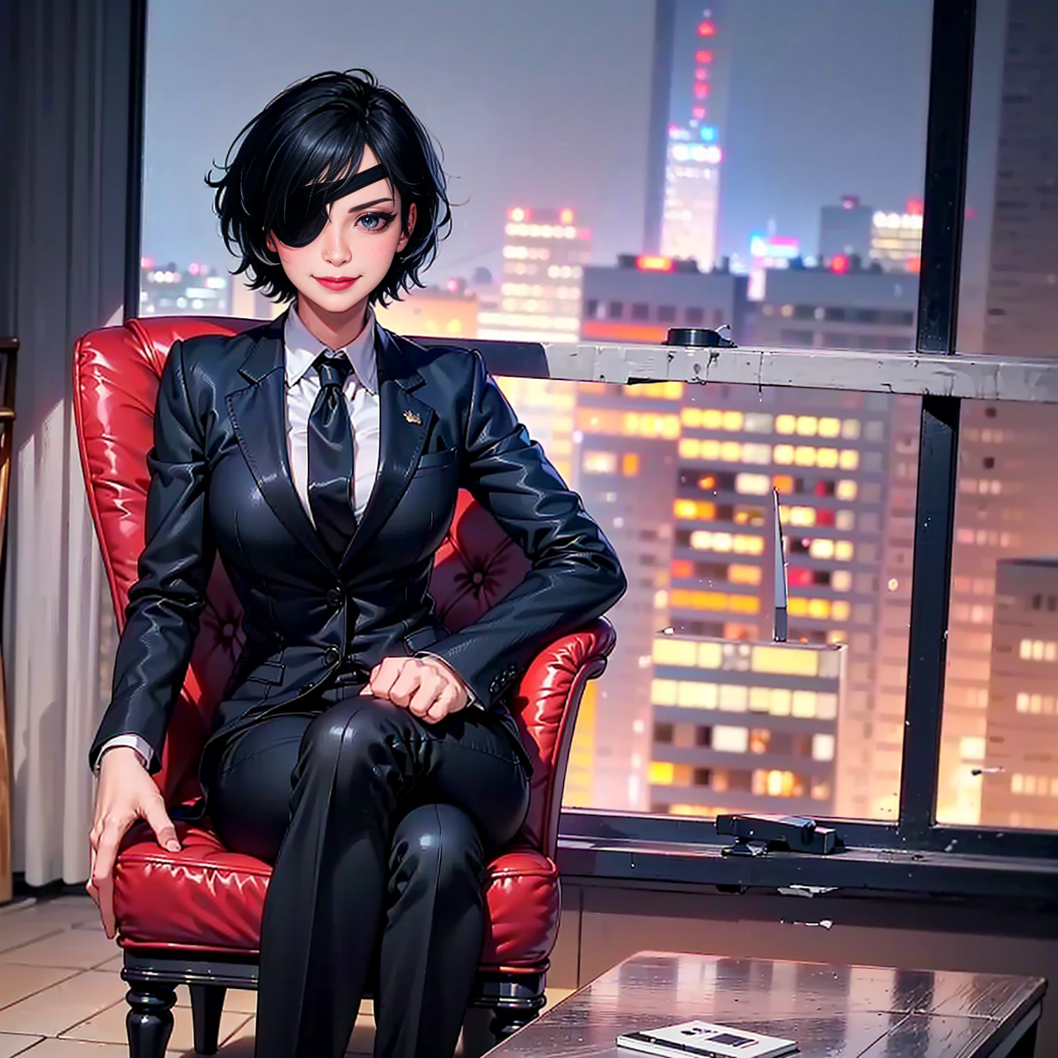 ((solo, 1woman, (( hmn1, eyepatch, short hair, black hair, blue eye, messy hair )), lipstick, Extremely detailed, ambient soft lighting, 4k, perfect eyes, a perfect face, perfect lighting, a 1girl)), ((solo, (1woman, lipstick), Extremely detailed, ambient soft lighting, 4k, perfect eyes, a perfect face, perfect lighting, a 1girl)), , ((fitness,, shapely body, athletic body, toned body)), (( dress pants, black pants, black blazer, tie, black tie, high heels, stiletto heels, balcony, apartment, city in the background, armchair, sitting cross-legged, legs crossed, red lipstick , arrogant facial expression, mischievous smile, smirk smile, malicious smile, sly smile, closed mouth, full lips, arrogant expression))