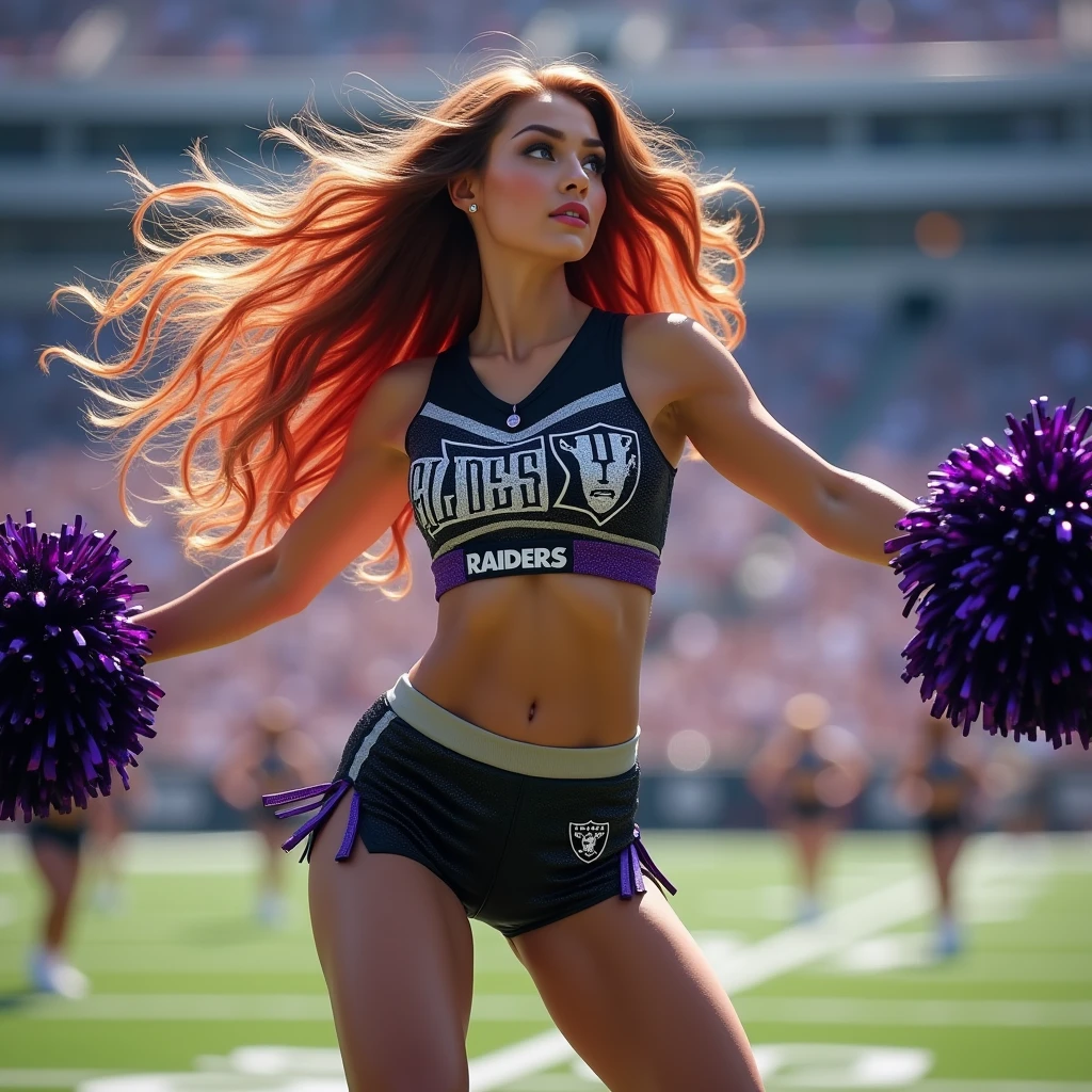 A natural white female, with extra long light-brown n red hair, lashes, tattoos, plump lips, flawless eyebrows, a purple grey black and white bling bling raiders brand cheerleading uniform on  purple black grey and white glittered Pom poms on raiders football field Doing cheer stunts high kicks