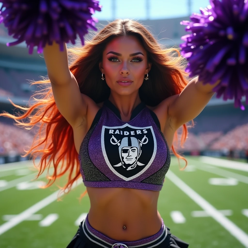 A natural white female, with extra long light-brown n red hair, lashes, tattoos, plump lips, flawless eyebrows, a purple grey black and white bling bling raiders brand cheerleading uniform on purple black grey and white glittered Pom poms on raiders football field Doing cheer stunts high kicks