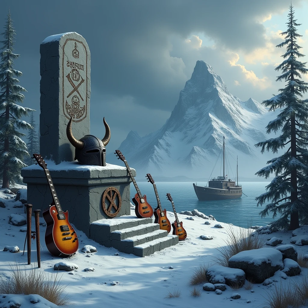 A desolate and snowy Nordic landscape, with rugged mountains and ice-covered pine forests. In the middle, a stone altar covered in ancient runes and pagan symbols, surrounded by musical instruments such as electric guitars and drums. A Viking helmet rests on a stone throne, surrounded by rusty weapons and armor. A drakkar (Viking ship) is stranded on the coast, with her sails torn and her keel splintered. The sky is covered with dark and stormy clouds, and an aura of mystery and power hangs over the landscape. The scene evokes the feeling of strength, nature and Nordic mythology that characterizes the Viking metal genre The focus of attention and center of the image, It is the throne with the instruments and the Viking helmet has horns but no people