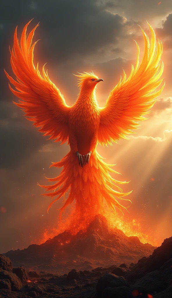 A phoenix rising from the ashes, symbolizing strength and resilience. The bird is glowing with fiery colors, and the background is a dark, stormy sky gradually clearing up."