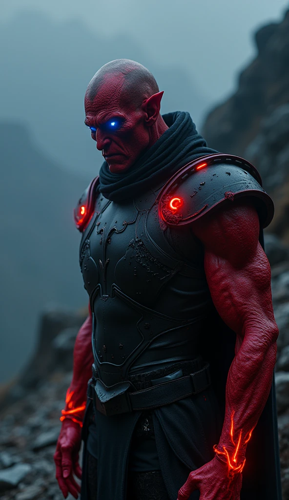 "A dark and surreal depiction of a demon. The demon's entire body is red, giving it an eerie, ghostly appearance, and its eyes emit an intense blue light that pierces the darkness. It is clad in black armor with ugly shoulder pads that are one part of the armor, pulsating with the energy of the dark world. The demon has no hair, but a shaved head. The background is dimly lit, and the scene is shrouded in an eerie mountainous setting with deep shadows and a sense of foreboding, enhancing the sinister and supernatural presence of the creature. Ultra-detailed cinematic lighting, dark fantasy, epic and sinister atmosphere, 8K resolution."