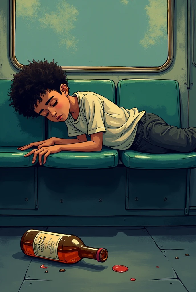 Album art of a age guy drunk in love, sleeping in a subway bus, with one hand falling out, and a bottle rolled on the floor, skin dark color, in cartoon form