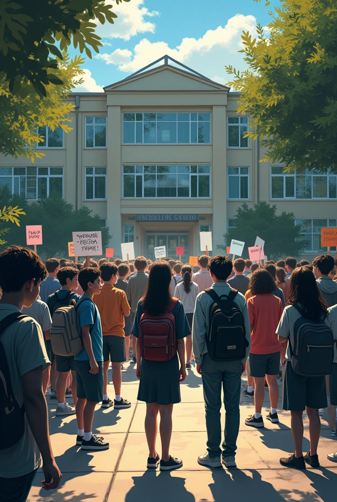 A drawing that represents a social critique on the need and presentation of a high school to generate a vote ( demonstration ) to express discontent about the kindergarten technician. And express the desire to add other technicians. and still standing at the entrance of the establishment watching students leave with the hope of finding something better