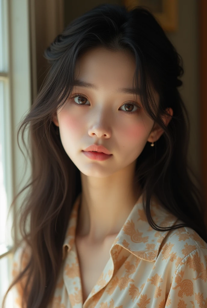 best quality, face focus, soft light, ultra high res, (photorealistic:1.4), RAW photo,
1japanese girl, solo, cute, (pupil, lights in the eyes),  detailed beautiful face, (small chest),(high resolution detail of human skin texture),
(long hair),
indoor,
Damask Shirt Dress,
(portrait)