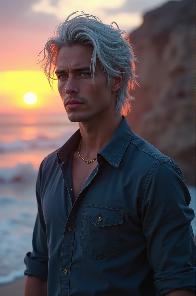 Well look, I just want to be able to see him from the waist up, The background should be standing in front of a cliff and the sea in the background while it is sunset, Its characteristics are, dull silver hair color, His eyes are a very dull crystal blue and his gaze is serious., your hair should not be so long, I want part of my hair combed back