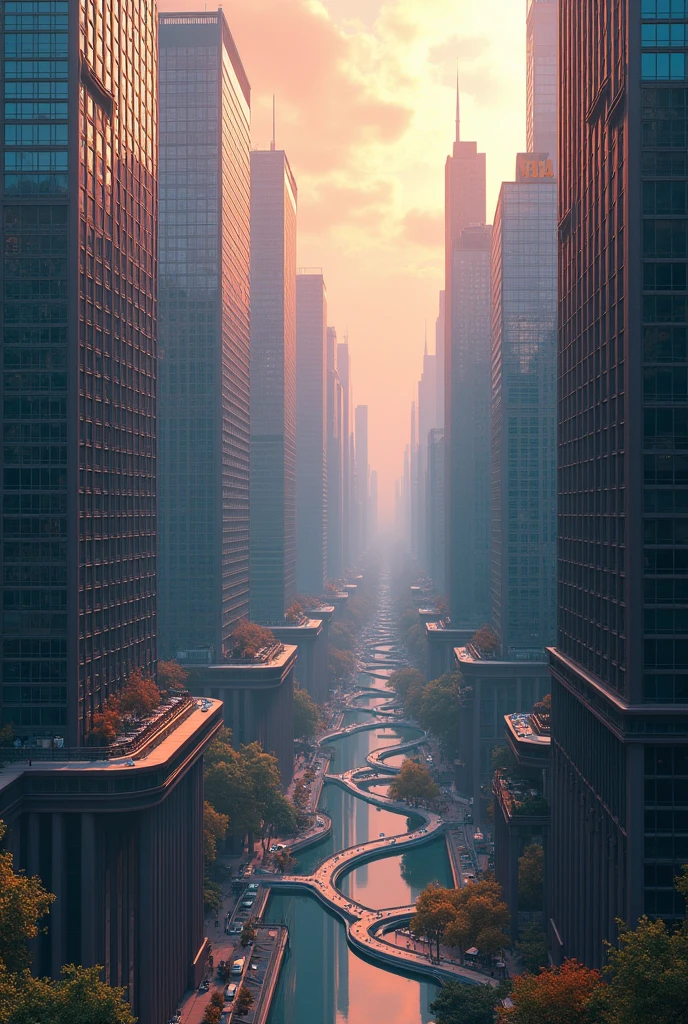  ( Surrealism ) a Surreal scene involving a city with skyscrapers reaching into the sky and connected to an upside down city, non euclidean geometry, an abstract scene , photorealistic, 8k, hyper detailed, dramatic lighting, vibrant colors, surreal and abstract, 