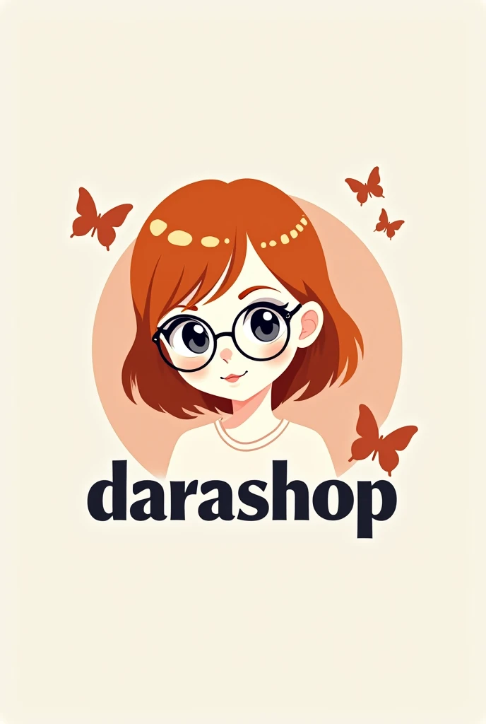 logo in 2d, of a white girl with copper hair wearing glasses and saying DaraShop with butterflies in the letters