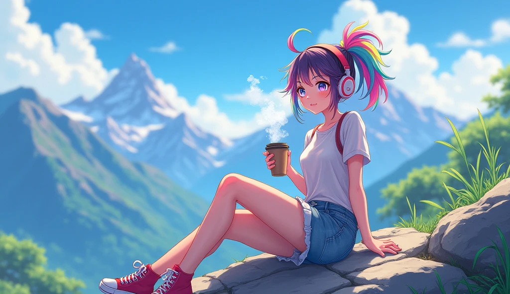 An e-girl with tied-up colorful hair and rainbow-like eyes, listening to calm music on headphones, with a sexy smile, holding a cup of coffee, wearing allstar, at the top of a mountain. An image that inspires calm, tranquility, lightness, simplicity, and comfort, 16:9, full hd, cartoon