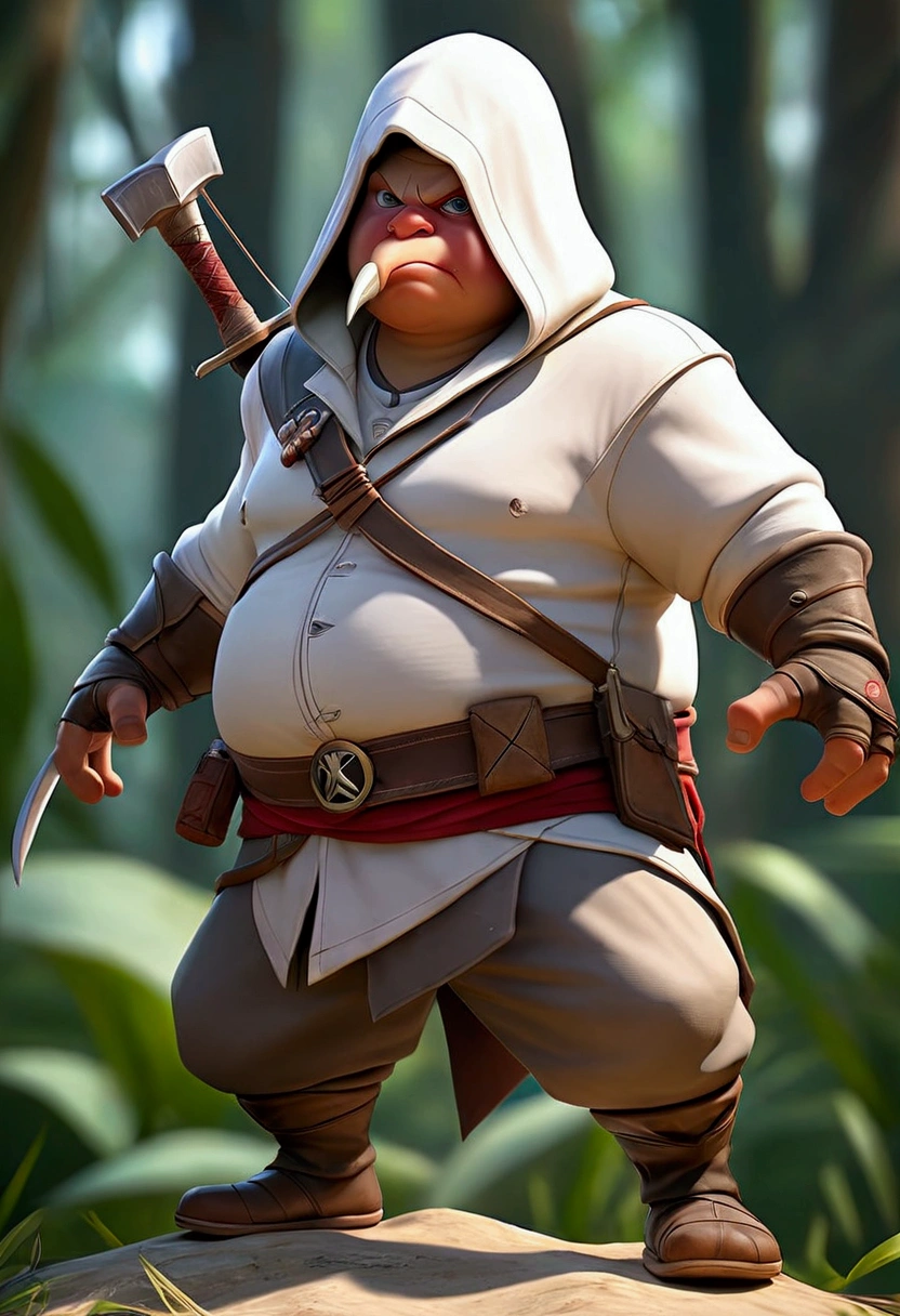 "Create an image of Connor from Assassin's Creed, depicted as obese. His usual sleek and agile Assassin outfit is now stretched and ill-fitting, with buttons straining and fabric bunching at the seams. The iconic hood is still present, but it struggles to cover his fuller face. Connor stands in a confident yet slightly humorous pose, perhaps holding his tomahawk, with the background showing a lush forest or a colonial town setting, adding to the contrast between his former athletic self and his current condition."