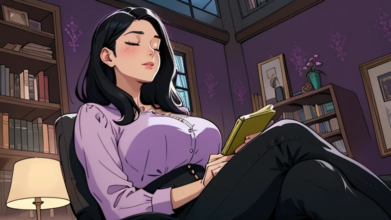 Beautiful woman in her 30s with black hair is sitting on the sofa. Looking down, eyes closed, LOFI girl, alone in the room, blouse, cozy wallpaper, big cushion, bookshelf, relaxing mood, night core, cozy, wide glass window with skyscrapers, outside view at night, only five fingers, purple wall, Well-proportioned face